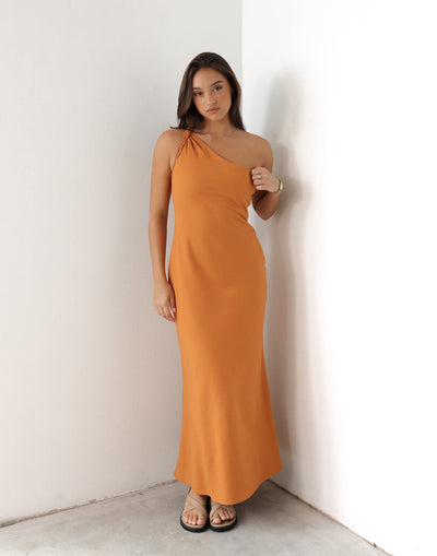 Rema Maxi Dress (Tangerine) | Charcoal Clothing Exclusive - Asymmetrical Neckline Flared Skirt Linen Blend Maxi - Women's Dress - Charcoal Clothing
