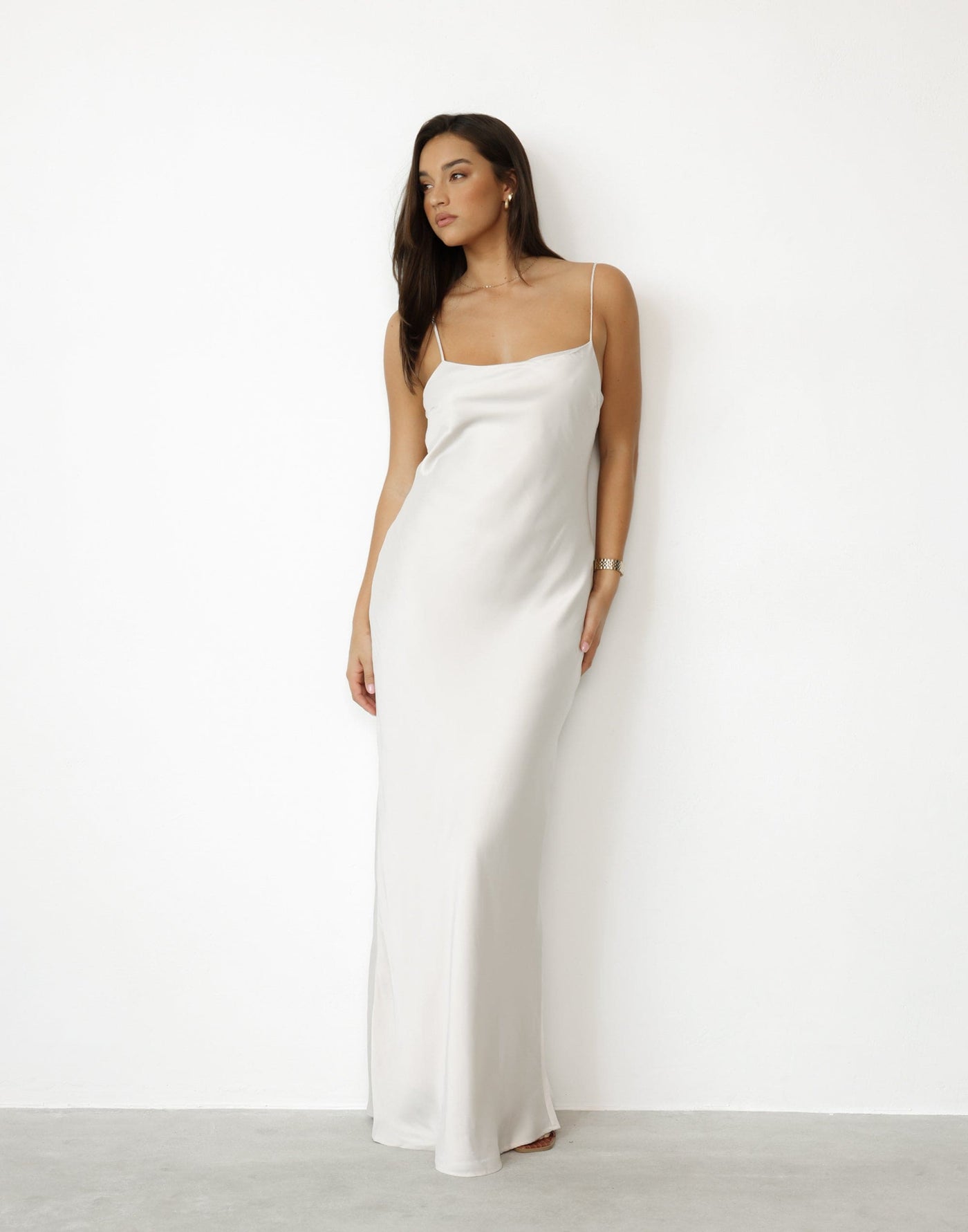 Aspen Maxi Dress (Oyster) | CHARCOAL Exclusive - Satin Thin Strap Slip Maxi Dress - Women's Dress - Charcoal Clothing