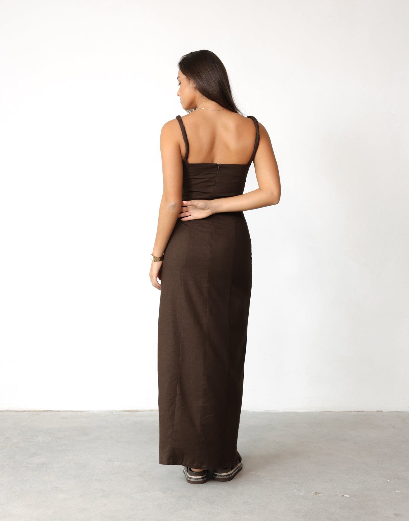 Bacalar Maxi Dress (Chocolate) | Charcoal Clothing Exclusive - Twisted Strap Straight Neck Leg Split Maxi - Women's Dress - Charcoal Clothing