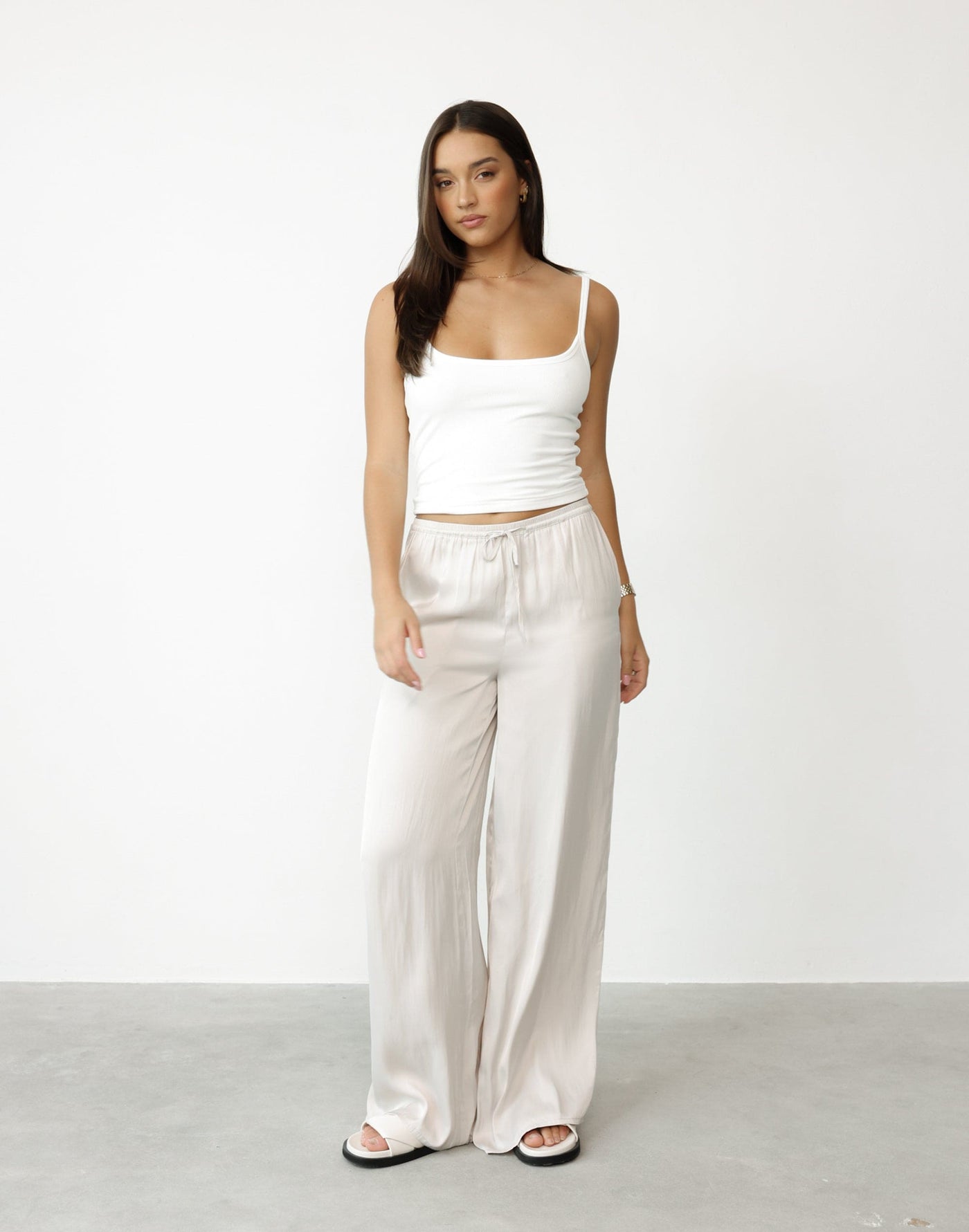 Aspen Pants (Oyster) | CHARCOAL Exclusive - Elasticated Tie Up Waist Band Wide Leg Pants - Women's Pants - Charcoal Clothing