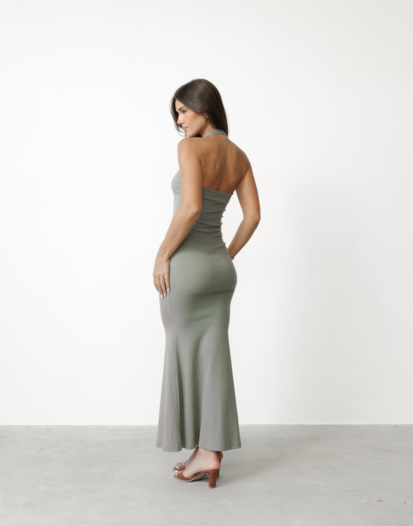 Eve Maxi Dress (Olive) - Halter Neck Ribbed Maxi Dress - Women's Dress - Charcoal Clothing