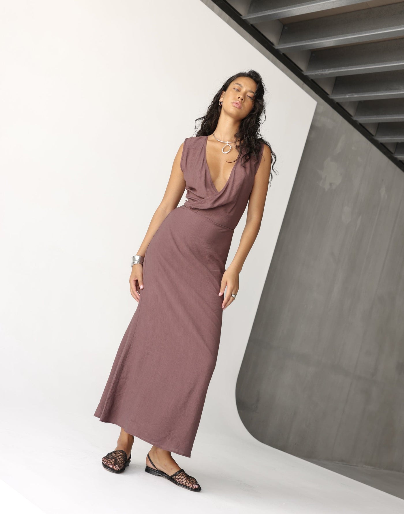 Romeo Maxi Dress (Light Cocoa) | CHARCOAL Exclusive - Cross Over Open Front Maxi - Women's Dress - Charcoal Clothing