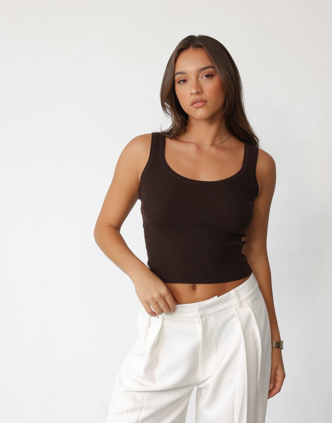 Enver Tank Top (Chocolate) | Charcoal Clothing Exclusive - Knit Scoop Neck Basic Tank Top - Women's Top - Charcoal Clothing