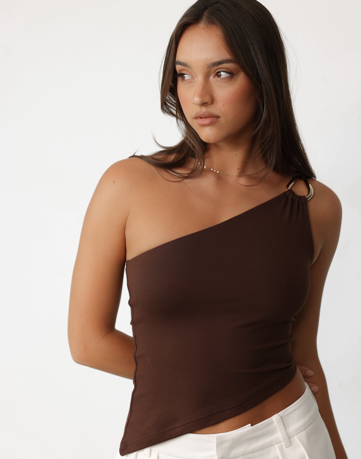 Mandi Top (Cocoa) | Charcoal Clothing Exclusive - Gold Embellishment Asymmetrical Butter Jersey Top - Women's Top - Charcoal Clothing