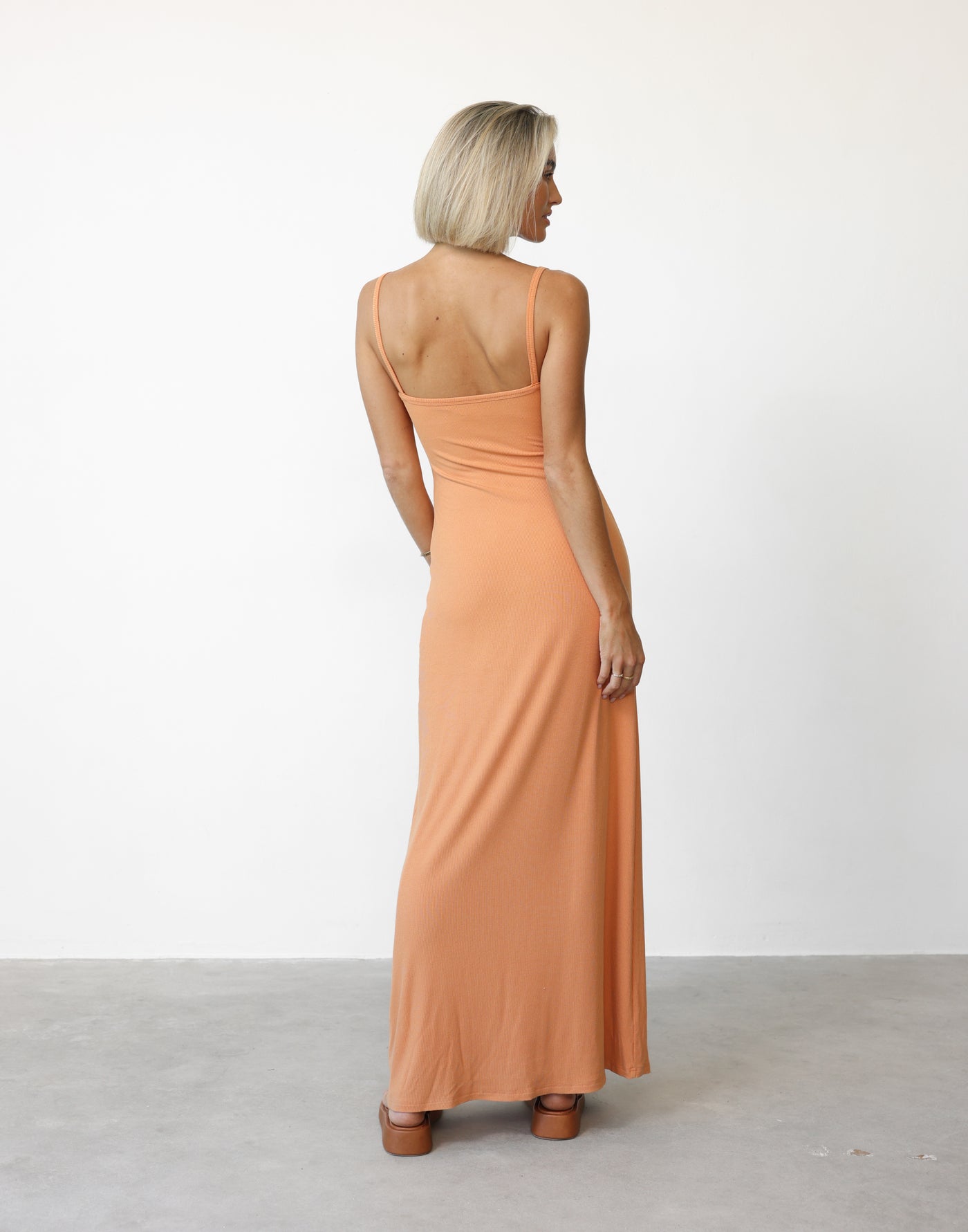 Helia Maxi Dress (Apricot) | CHARCOAL Exclusive - Ribbed Bodycon Flared Hem Maxi Dress - Women's Dress - Charcoal Clothing