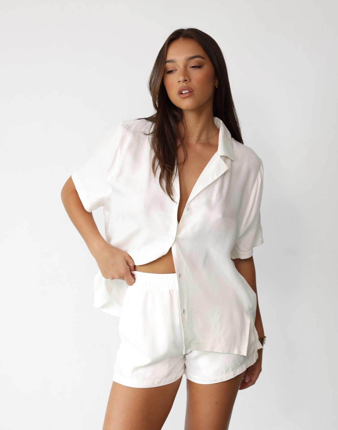 Minni Shirt (White) - Cupro Button Closure Relaxed Shirt - Women's Top - Charcoal Clothing