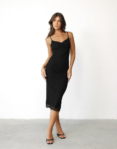 Mileena Midi Dress (Black) - V-neck Lace Midi Dress - Women's Dress - Charcoal Clothing