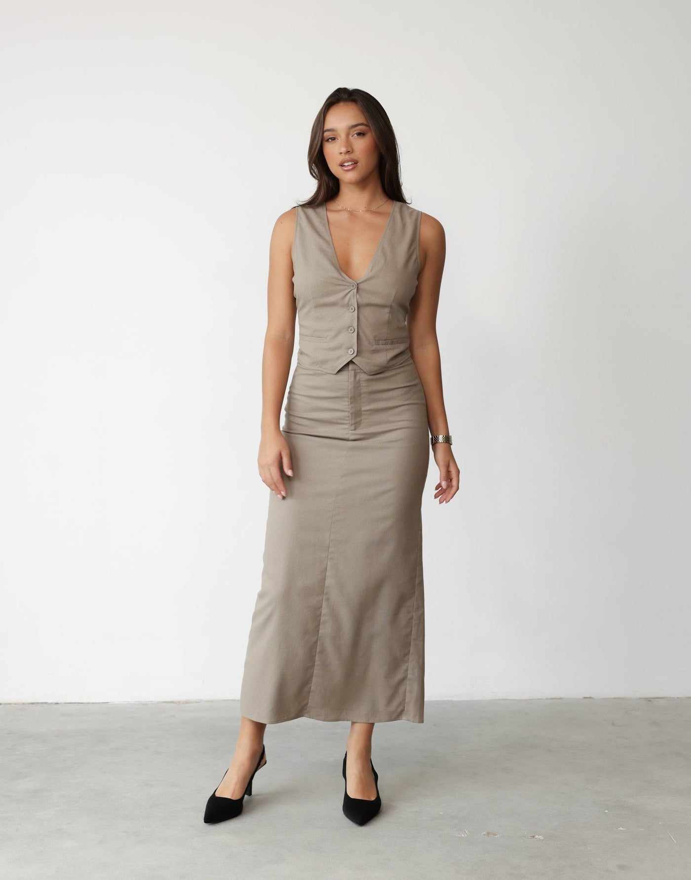 Keanna Linen Maxi Skirt (Stone) | Charcoal Clothing Exclusive - High Waisted Leg Split Maxi Dress - Women's Skirt - Charcoal Clothing