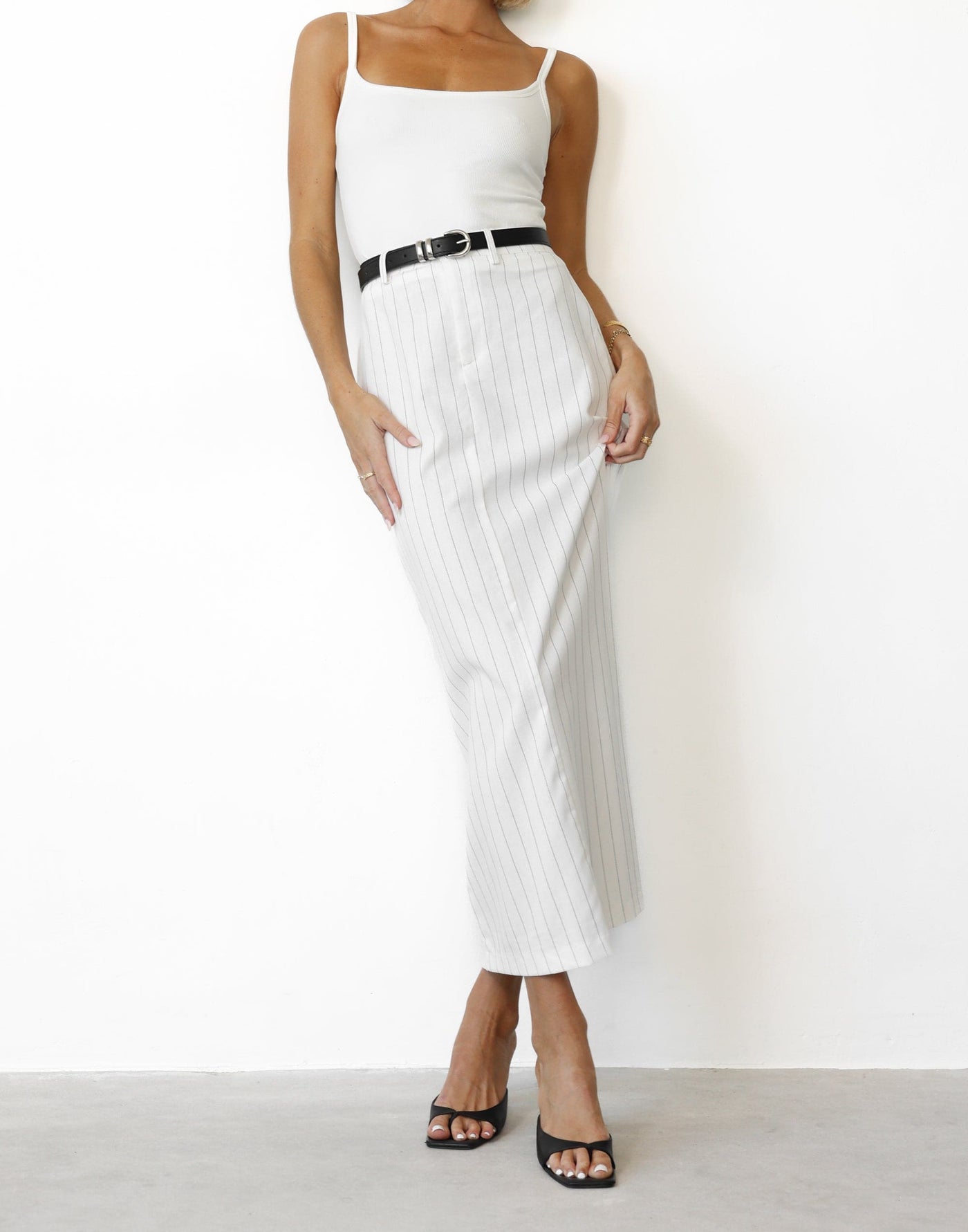 Charlie Maxi Skirt (White Pinstripe) | CHARCOAL Exclusive - High Waisted Split Back Maxi Skirt - Women's Skirt - Charcoal Clothing