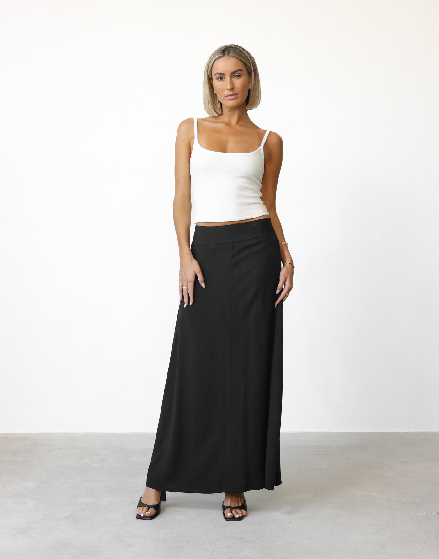 Lillian Maxi Skirt (Black) | CHARCOAL Exclusive - Low to Mid Rise Flared Linen Maxi Skirt - Women's Skirt - Charcoal Clothing