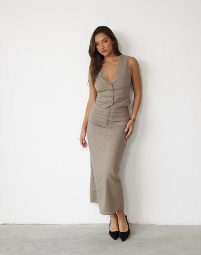 Keanna Linen Maxi Skirt (Stone) | Charcoal Clothing Exclusive - High Waisted Leg Split Maxi Dress - Women's Skirt - Charcoal Clothing