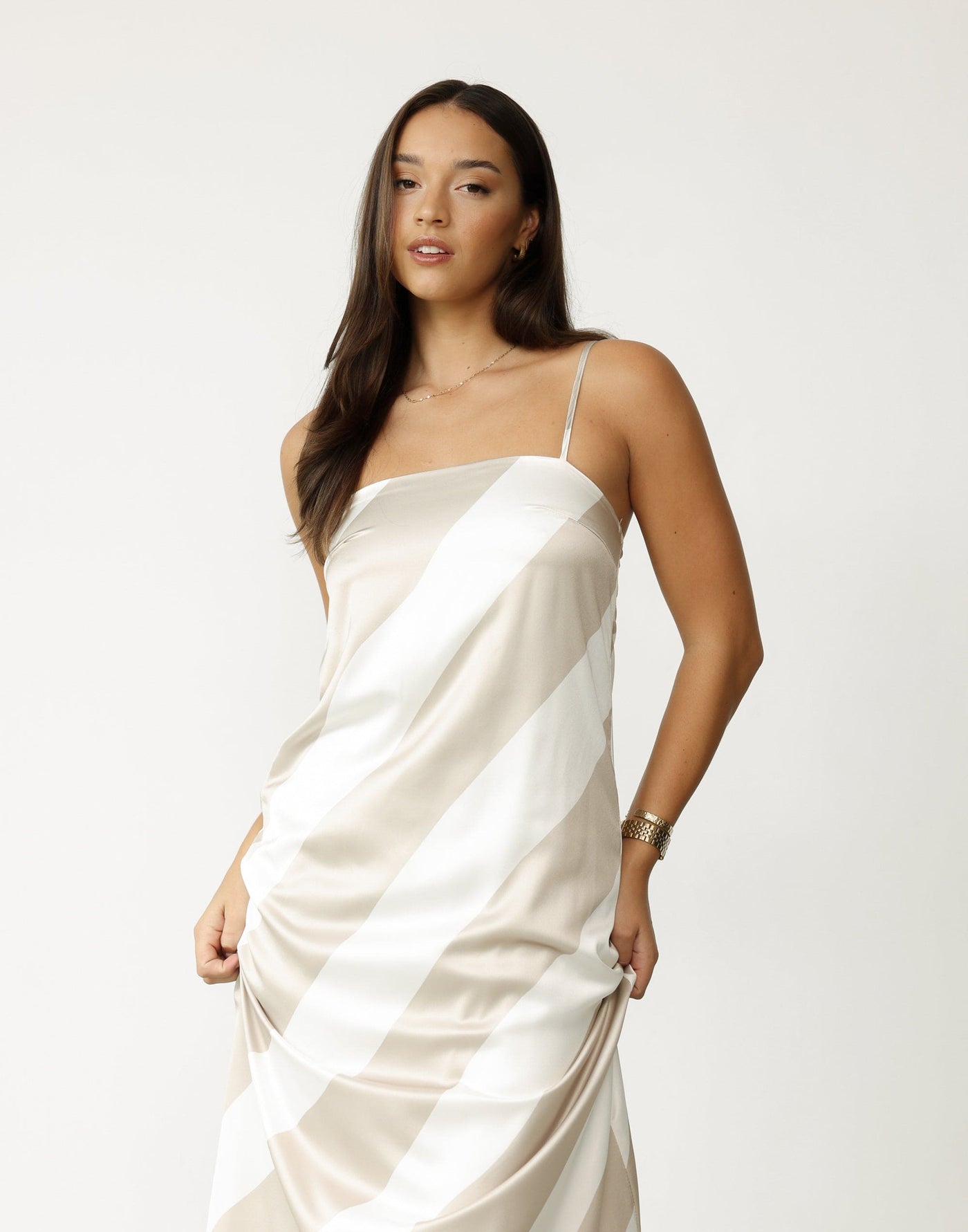 Kacey Maxi Dress (Beige Stripe) - Satin Diagonal Stripe Relaxed Fit Maxi Dress - Women's Dress - Charcoal Clothing