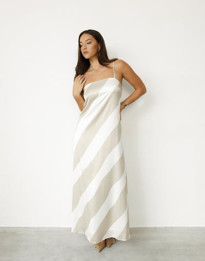 Kacey Maxi Dress (Beige Stripe) - Satin Diagonal Stripe Relaxed Fit Maxi Dress - Women's Dress - Charcoal Clothing