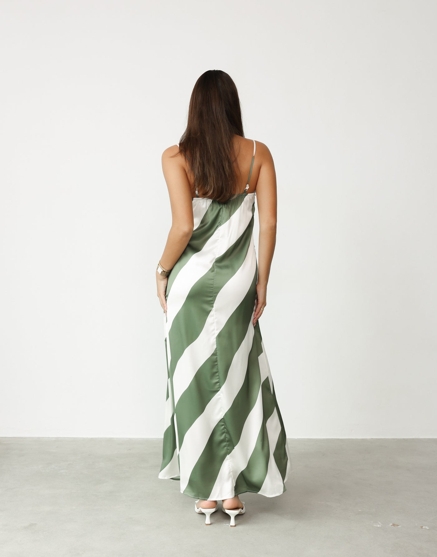 Kacey Maxi Dress (Khaki Stripe) - Satin Diagonal Stripe Relaxed Fit Maxi Dress - Women's Dress - Charcoal Clothing