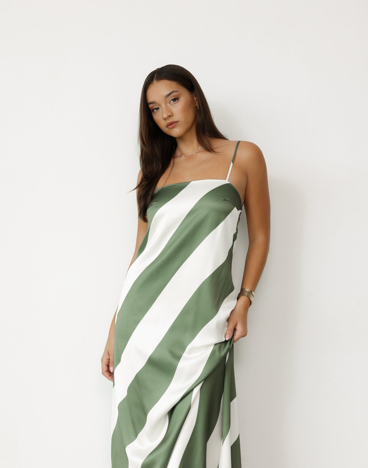 Kacey Maxi Dress (Khaki Stripe) - Satin Diagonal Stripe Relaxed Fit Maxi Dress - Women's Dress - Charcoal Clothing