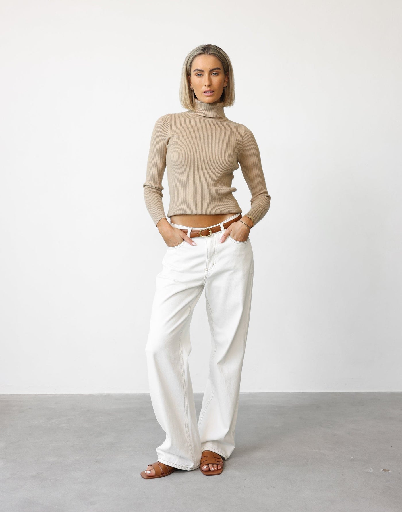 Davison Long Sleeve Top (Camel) - Turtleneck Long Sleeve Knit Top - Women's Top - Charcoal Clothing