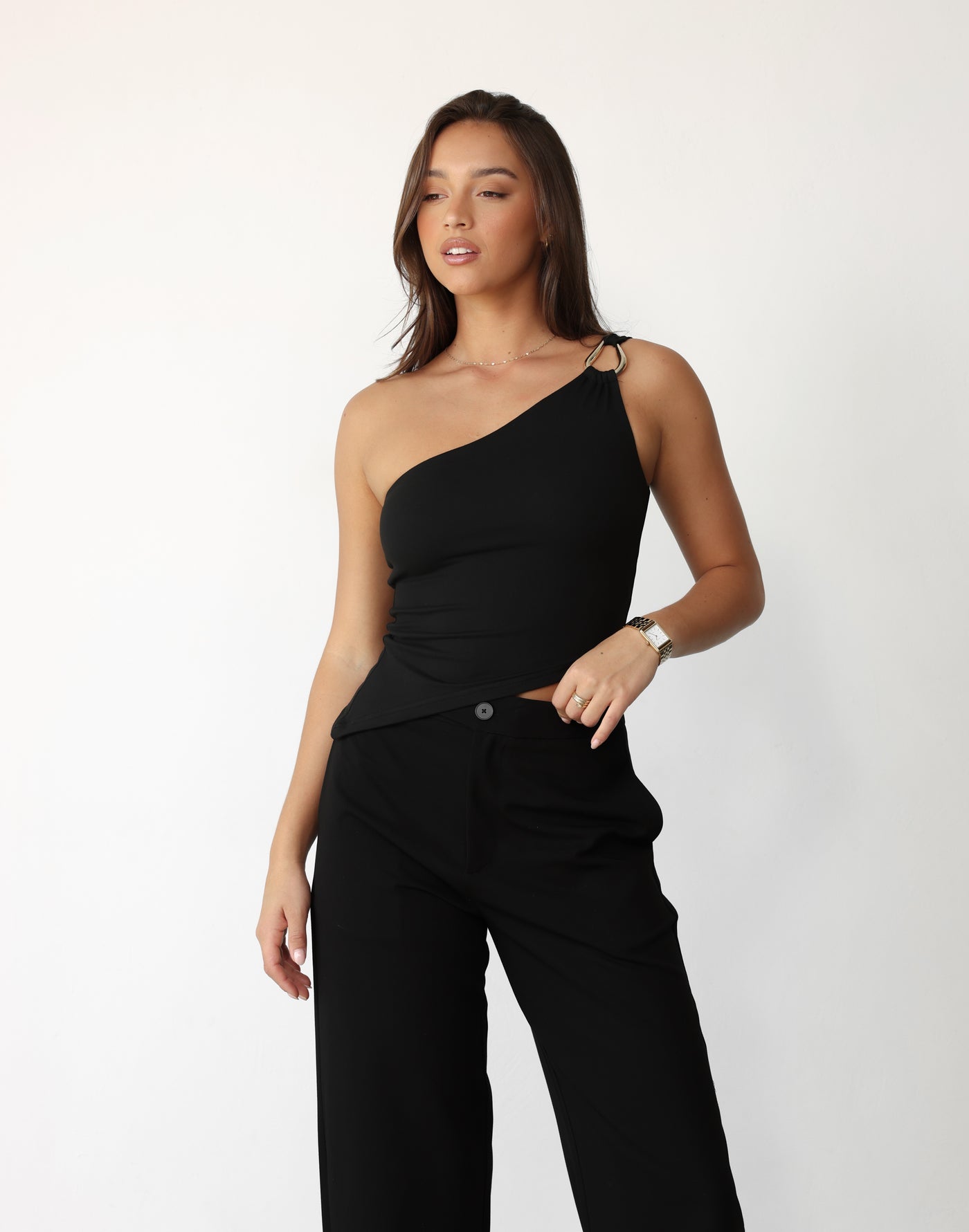 Mandi Top (Black) | Charcoal Clothing Exclusive - Gold Embellishment Asymmetrical Butter Jersey Top - Women's Pants - Charcoal Clothing