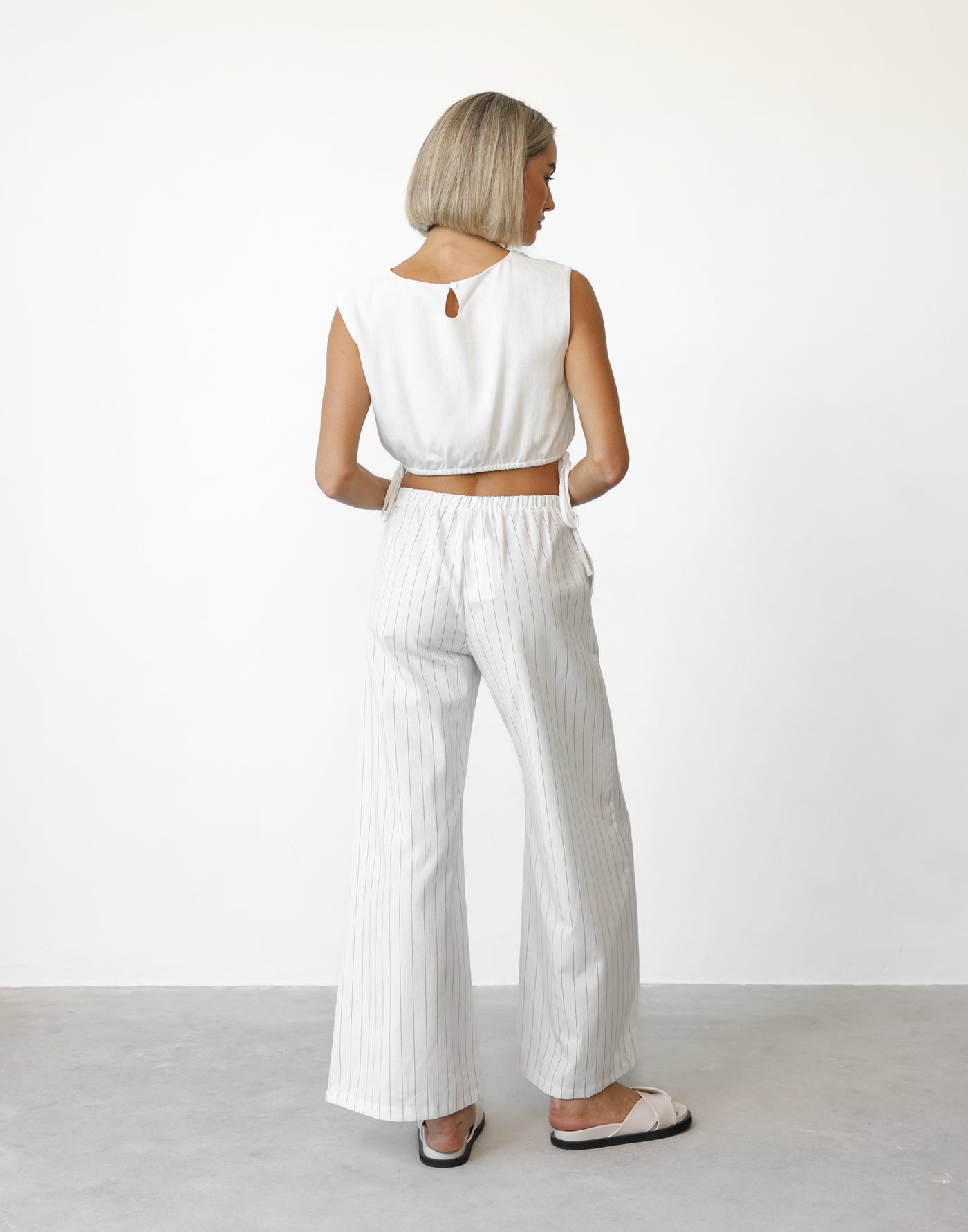 Charlie Pants (White Pinstripe) | CHARCOAL Exclusive - Elasticated Waistband Tie Up Flared Leg Pant - Women's Pants - Charcoal Clothing