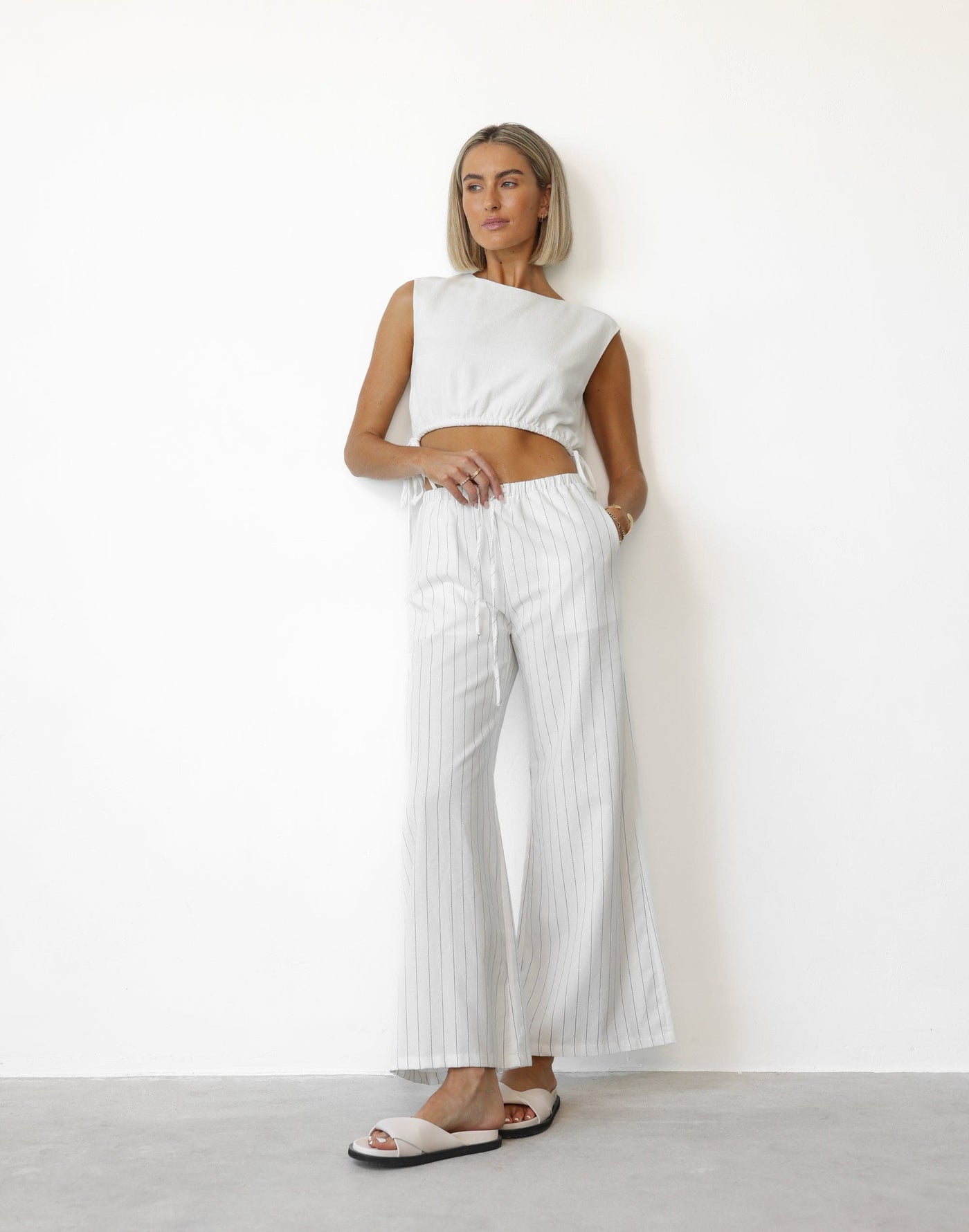Charlie Pants (White Pinstripe) | CHARCOAL Exclusive - Elasticated Waistband Tie Up Flared Leg Pant - Women's Pants - Charcoal Clothing