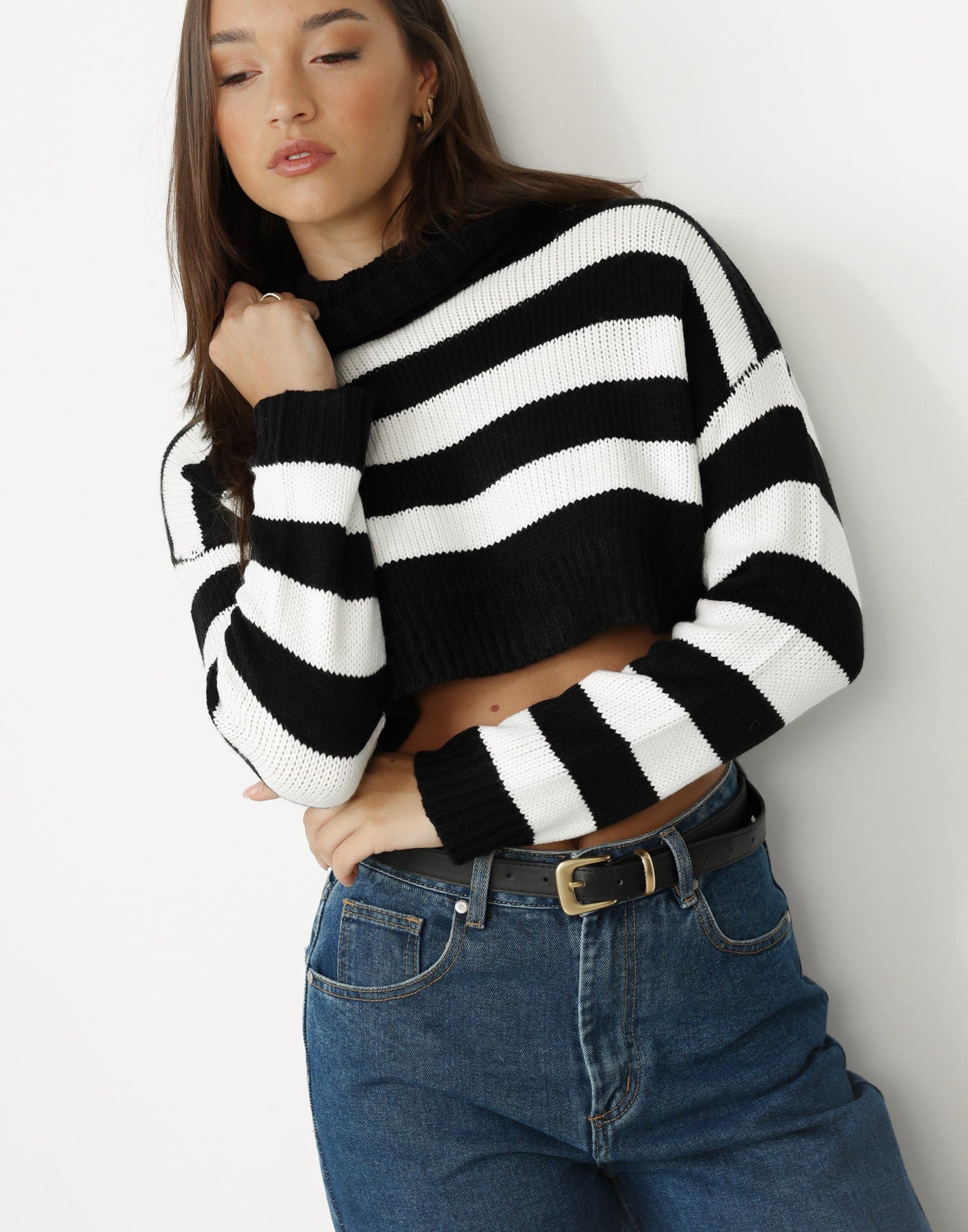 Laurent Jumper (Black/White) - Turtle Neck Striped Cropped Ribbed Jumper - Women's Top - Charcoal Clothing