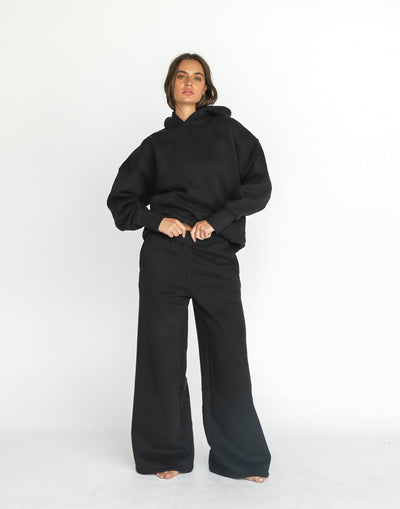 River Wide Leg Tracksuit Pants (Black) | CHARCOAL Exclusive - Thick Elasticated Waistband Wide Leg Fleece Lined Tracksuit Pants - Women's Pants - Charcoal Clothing