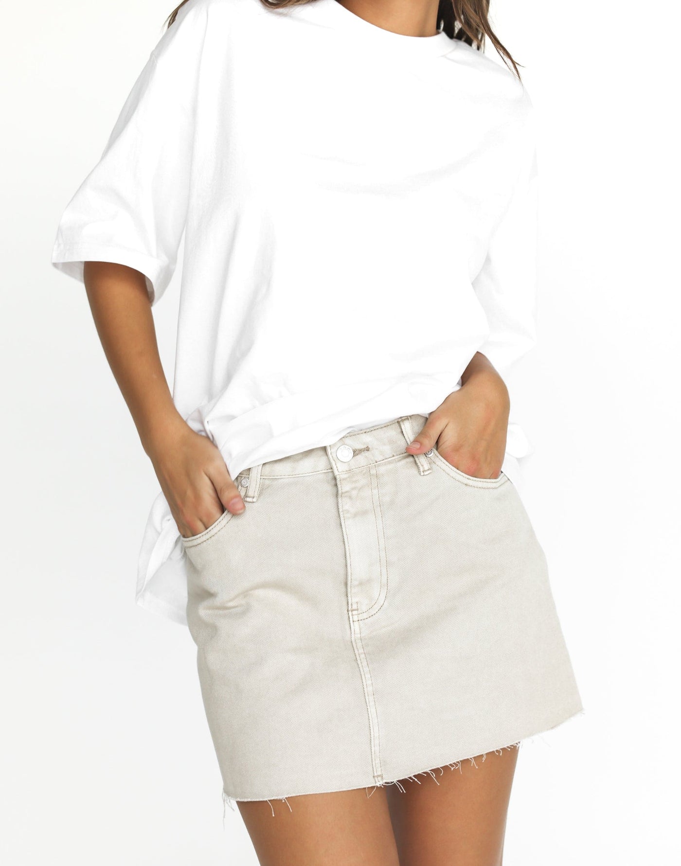 Rowan Denim Mini Skirt (Vintage Stone) | CHARCOAL Exclusive - Raw Edge High Waisted Mini Skirt - Women's Skirt - Charcoal Clothing