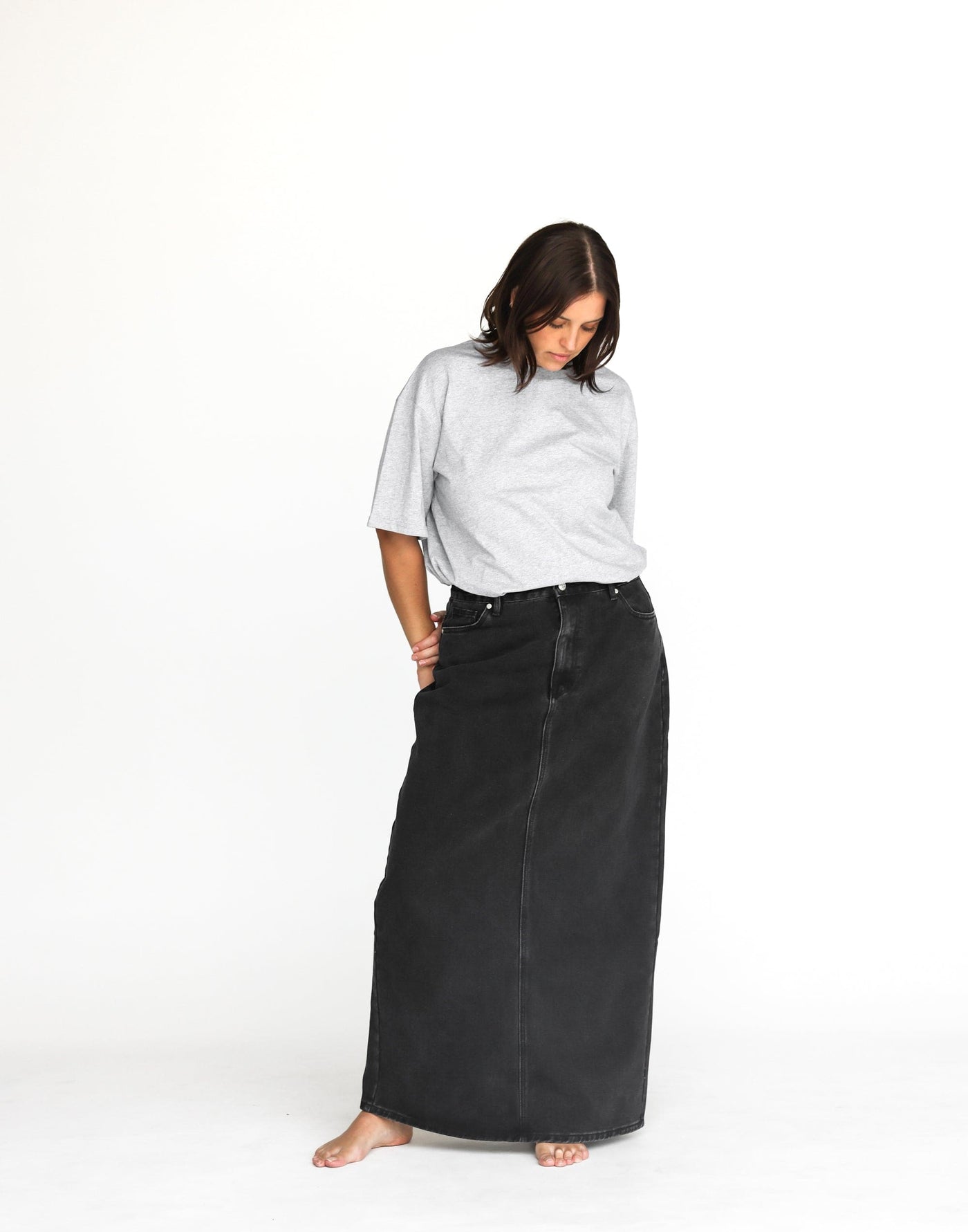 Tyler Denim Maxi Skirt (Vintage Black) | CHARCOAL Exclusive - Low to High Rise Centre Back Split Maxi Skirt - Women's Skirt - Charcoal Clothing