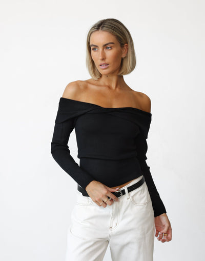 Elena Top (Black) - Crossed Front High Neck Ribbed Knit Long Sleeve - Women's Top - Charcoal Clothing