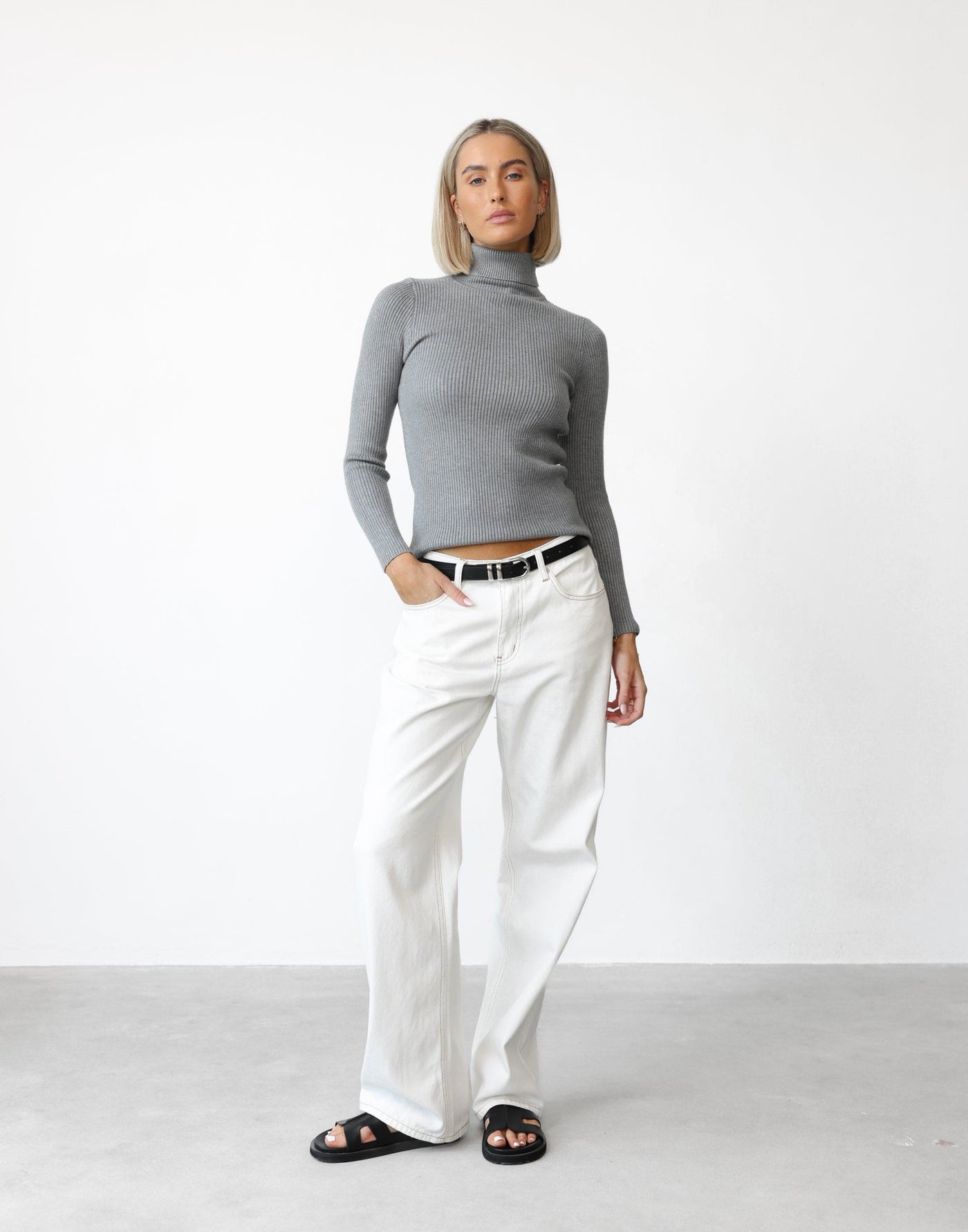 Davison Long Sleeve Top (Grey) - Turtleneck Long Sleeve Knit Top - Women's Top - Charcoal Clothing