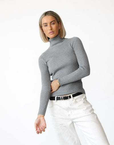 Davison Long Sleeve Top (Grey) - Turtleneck Long Sleeve Knit Top - Women's Top - Charcoal Clothing