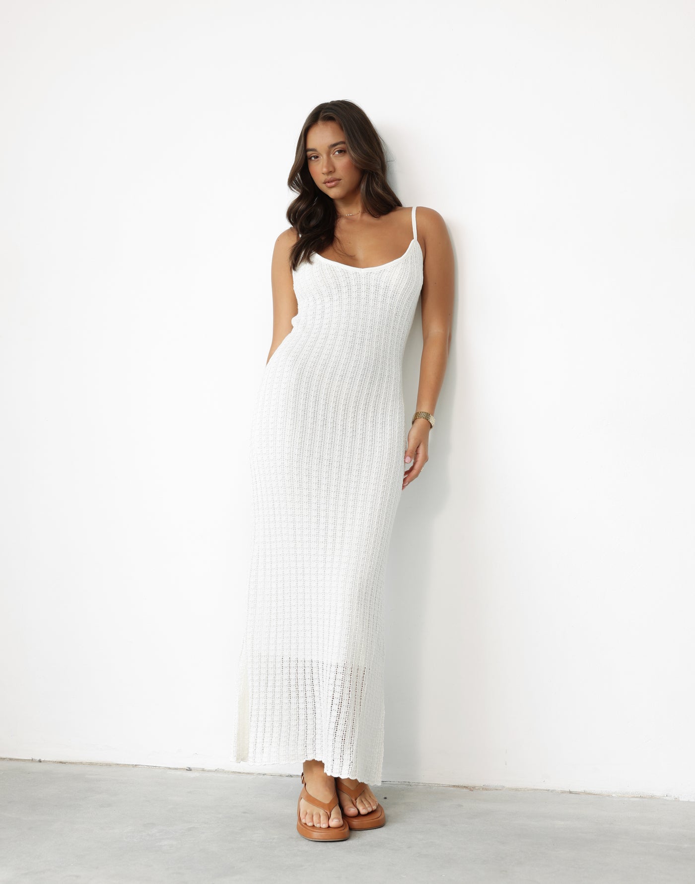 Janise Maxi Dress (White) - Soft V-neckline Knit Overlay Maxi Dress - Women's Dress - Charcoal Clothing