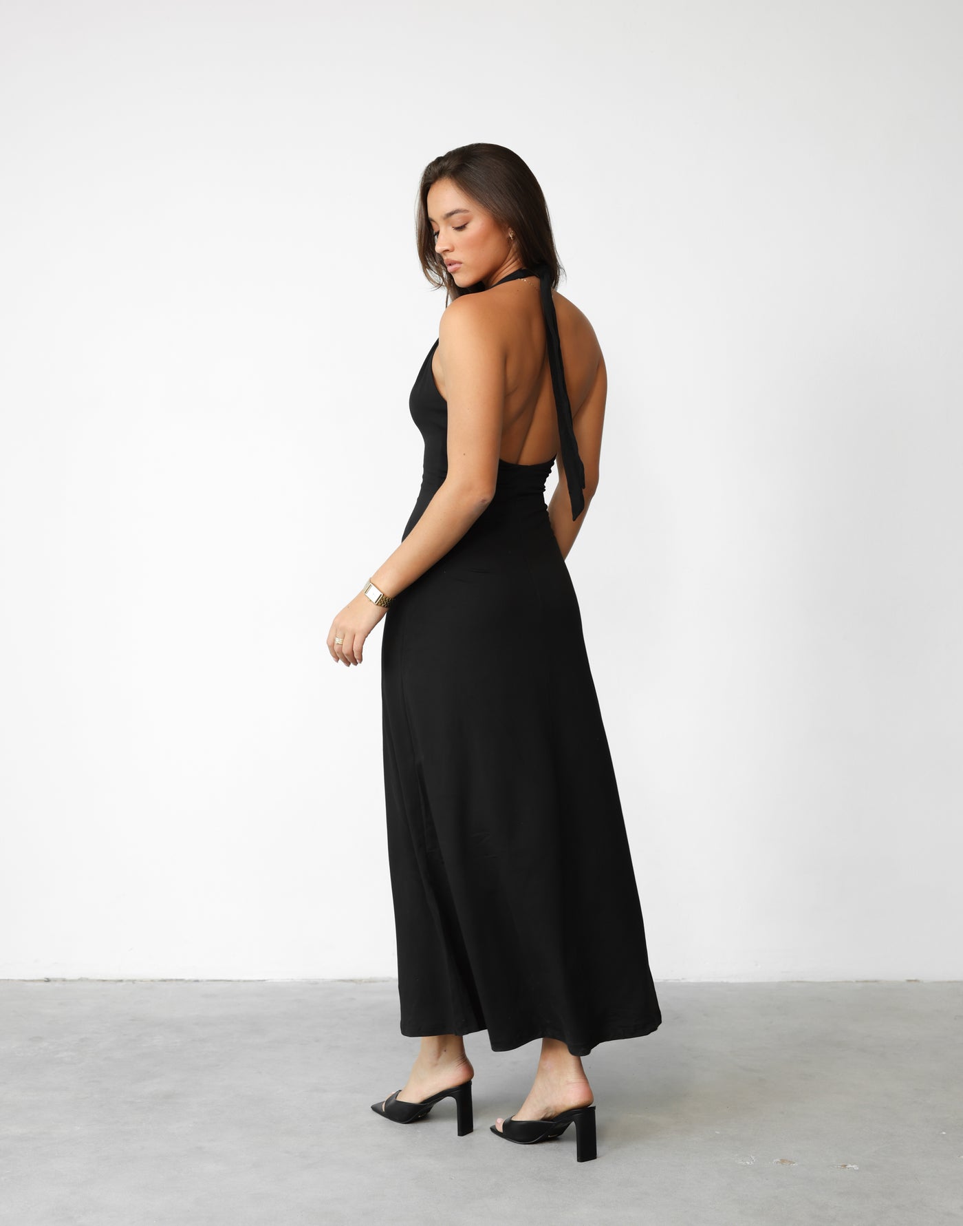 Victoria Maxi Dress (Black) - V-neck Halter Jersey Maxi Dress - Women's Dress - Charcoal Clothing