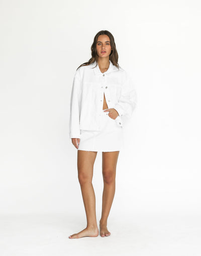 Rowan Denim Mini Skirt (White) | CHARCOAL Exclusive - Raw Edge High Waisted Mini Skirt - Women's Skirt - Charcoal Clothing