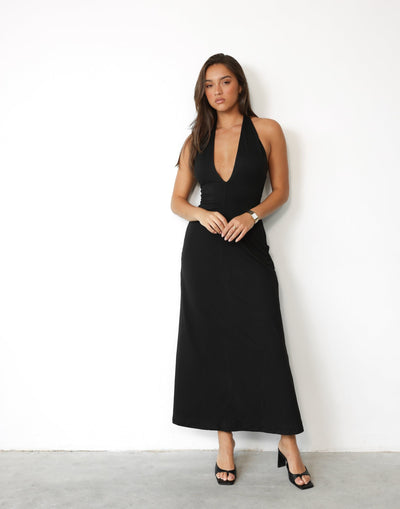 Victoria Maxi Dress (Black) - V-neck Halter Jersey Maxi Dress - Women's Dress - Charcoal Clothing