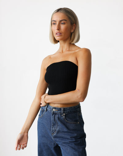 Yasmina Top (Black) - Button Detail Strapless Ribbed Top - Women's Top - Charcoal Clothing