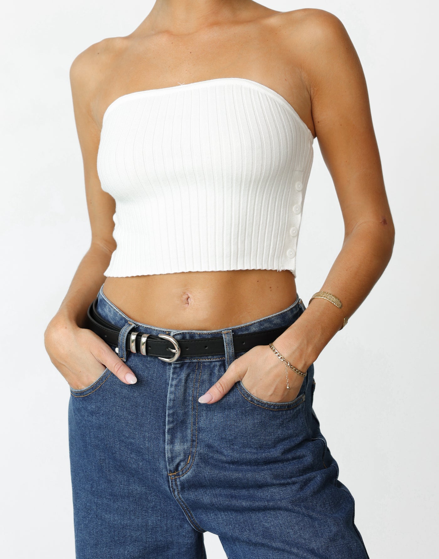 Yasmina Top (White) - Button Detail Strapless Ribbed Top - Women's Top - Charcoal Clothing