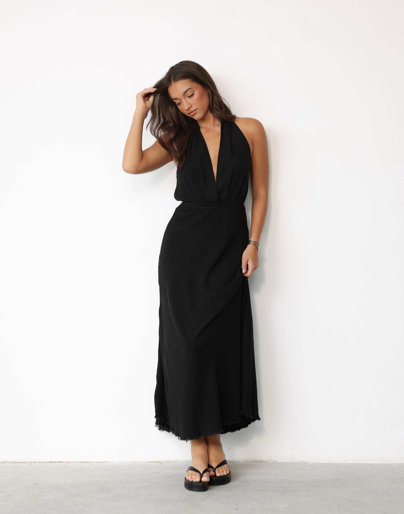 Marjorie Maxi Dress (Black) - Distressed Edge Cowl Neck Maxi Dress - Women's Dress - Charcoal Clothing