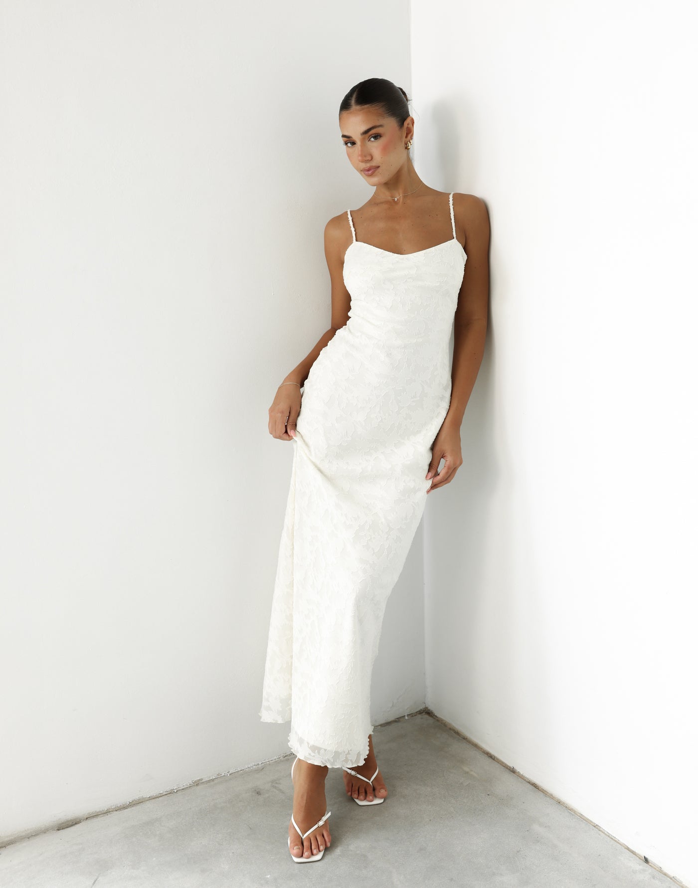 Juliet Maxi Dress (Cream) | CHARCOAL Exclusive - Textured Floral Print Adjustable Strap Maxi - Women's Dress - Charcoal Clothing
