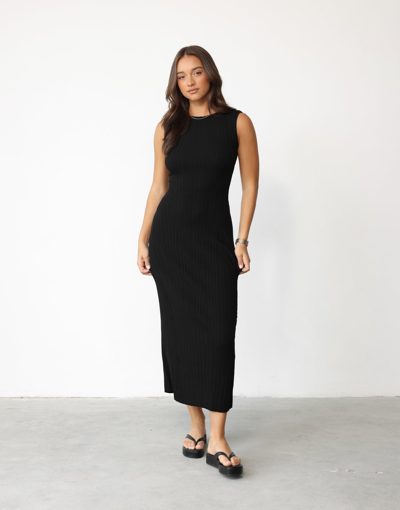 Melissa Maxi Dress (Black) - High Boat Neck Ribbed Stretchy Bodycon Maxi Dress - Women's Dress - Charcoal Clothing