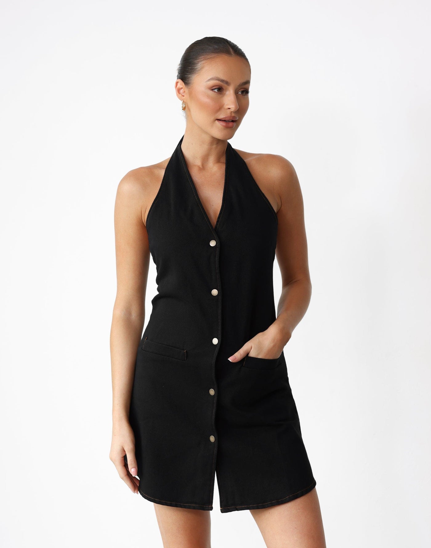 Graciemae Mini Dress (Black) - V-neck Denim Button Closure Mini - Women's Dress - Charcoal Clothing