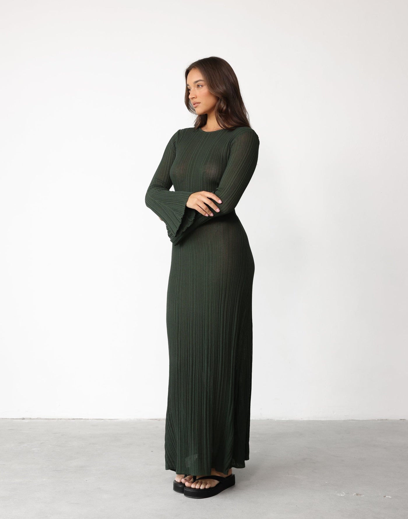 Harmonia Maxi Dress (Forest) - Flared Sleeve Ribbed Stretchy Bodycon Dress - Women's Dress - Charcoal Clothing