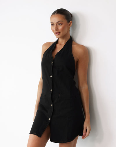 Graciemae Mini Dress (Black) - V-neck Denim Button Closure Mini - Women's Dress - Charcoal Clothing