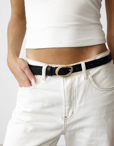 Kaylen Belt (Black) - Rounded Gold Hardware Thin Belt - Women's Accessories - Charcoal Clothing