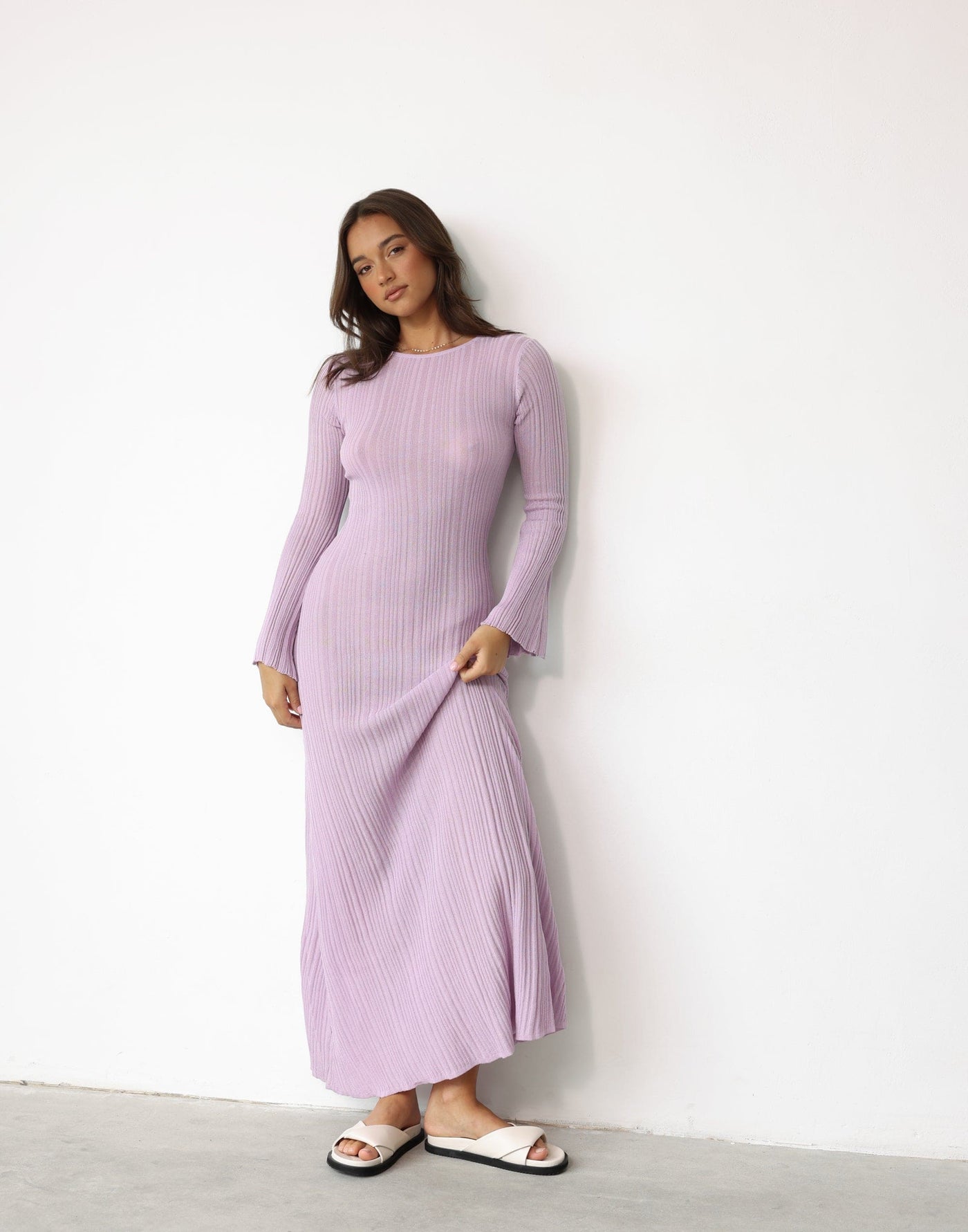 Harmonia Maxi Dress (Peony) - Flared Sleeve Ribbed Stretchy Bodycon Dress - Women's Dress - Charcoal Clothing
