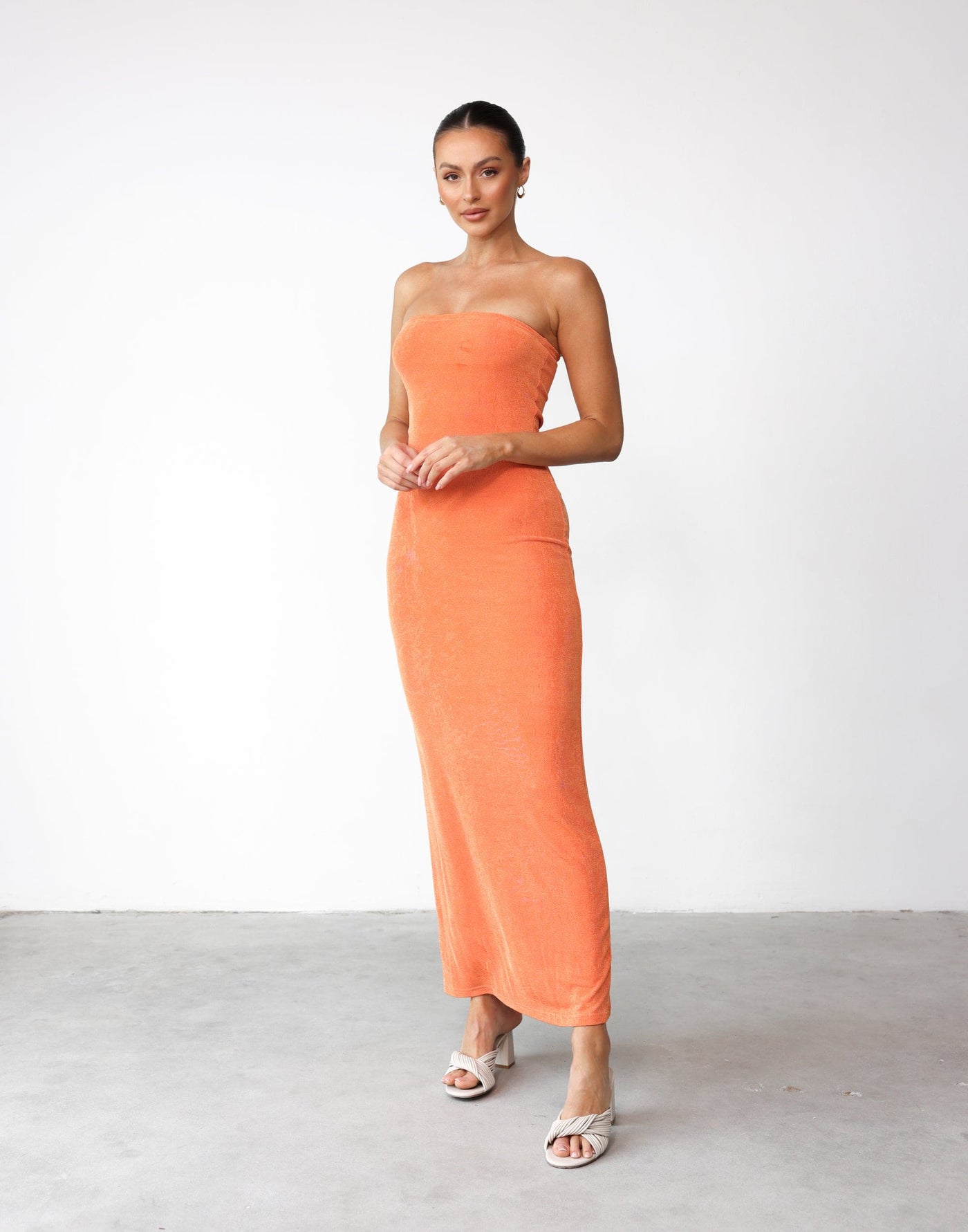 Abelle Maxi Dress (Papaya) - Sheen Detail Strapless Bodycon Maxi - Women's Dress - Charcoal Clothing