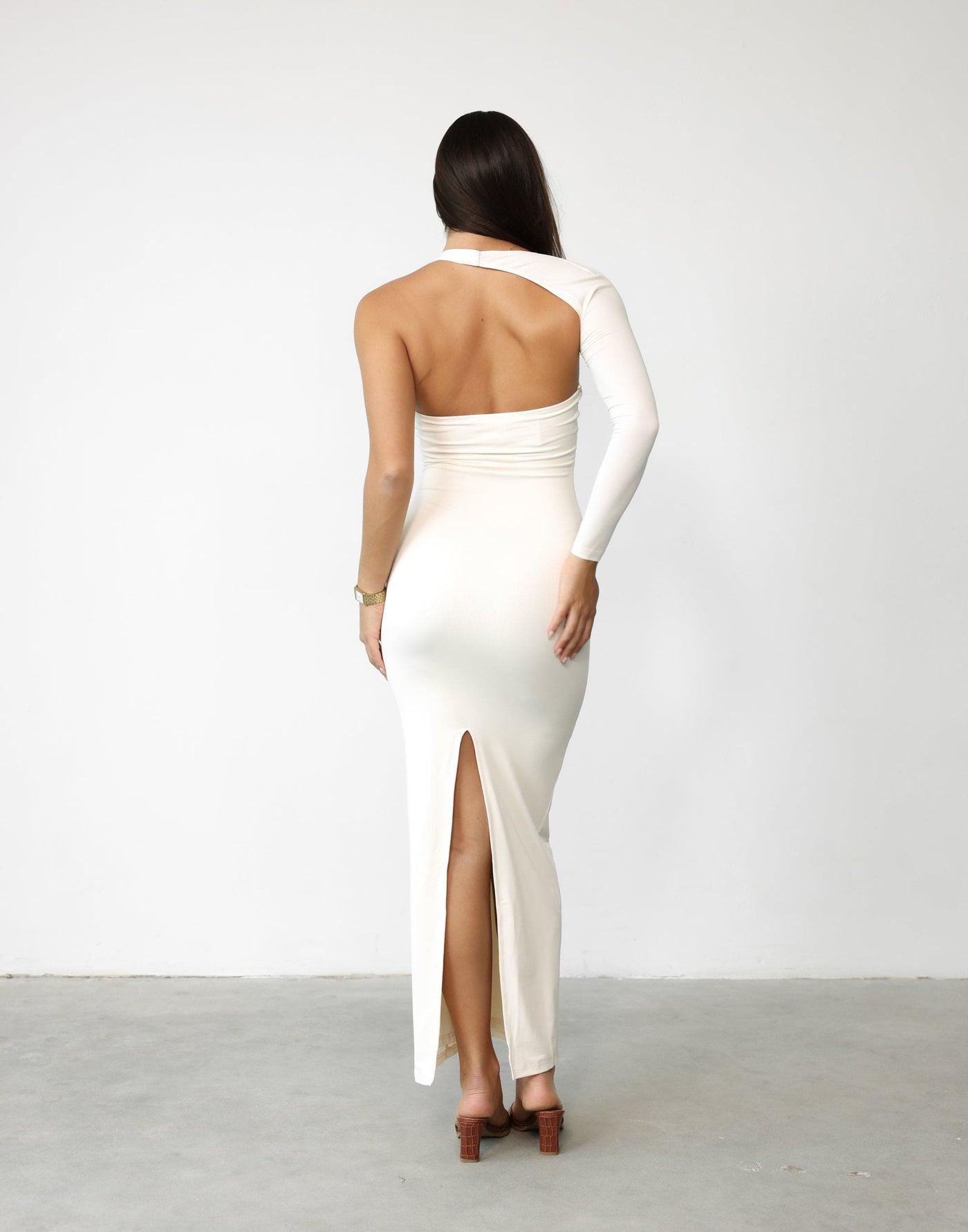 Ryleigh Maxi Dress (Vanilla) - Cut Out Long Sleeve Bodycon Maxi - Women's Dress - Charcoal Clothing