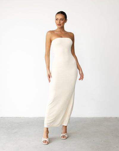 Abelle Maxi Dress (Off White) - Sheen Detail Strapless Bodycon Maxi - Women's Dress - Charcoal Clothing
