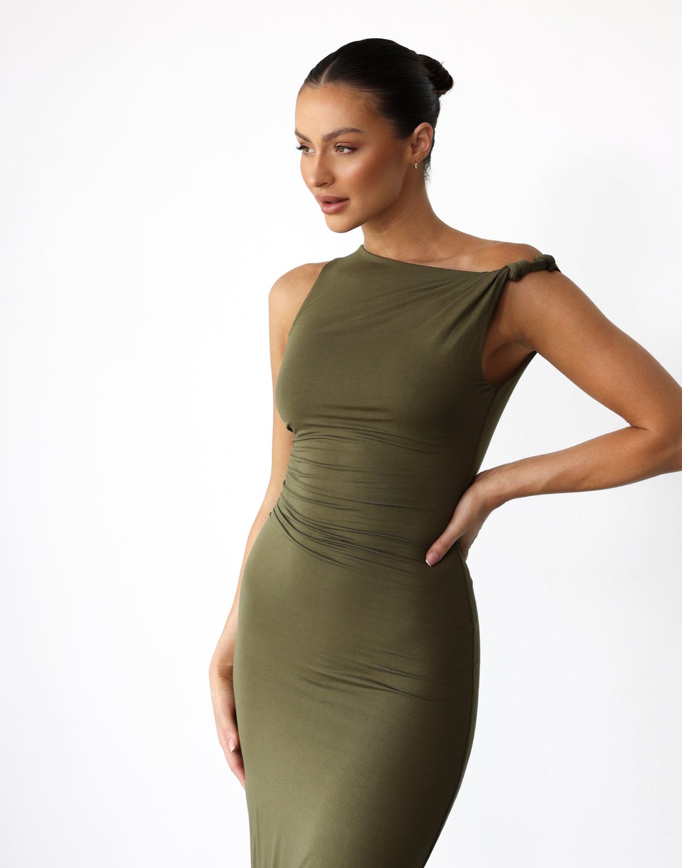 Sahana Maxi Dress (Khaki) - Twisted Knot Shoulder Jersey Maxi - Women's Dress - Charcoal Clothing