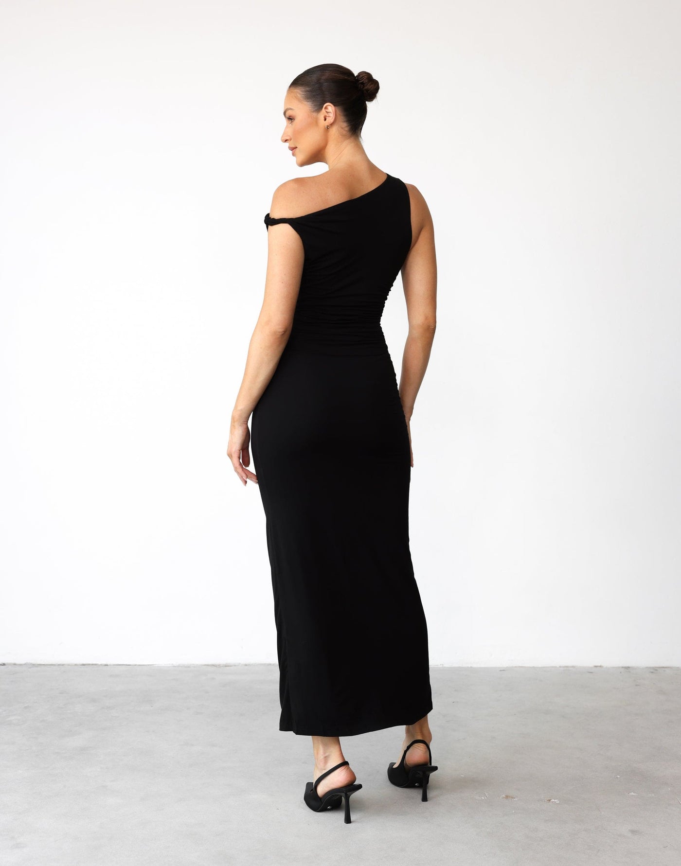 Sahana Maxi Dress (Black) - Twisted Knot Shoulder Jersey Maxi - Women's Dress - Charcoal Clothing