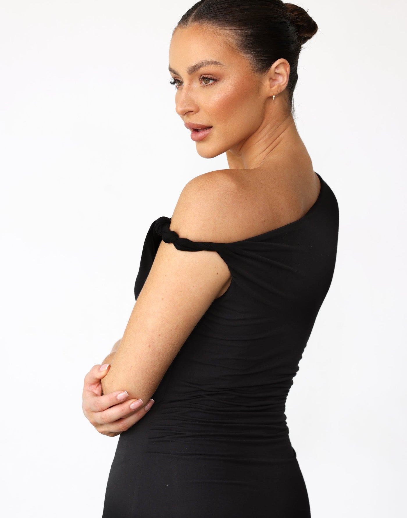 Sahana Maxi Dress (Black) - Twisted Knot Shoulder Jersey Maxi - Women's Dress - Charcoal Clothing